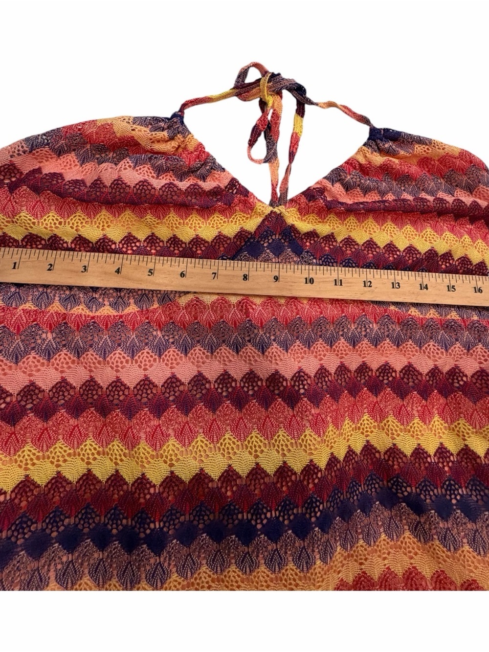 Wild Fable Peach Crochet Style Halter Dress with Multicolor Trim - Size Medium - Picture 6 of 12